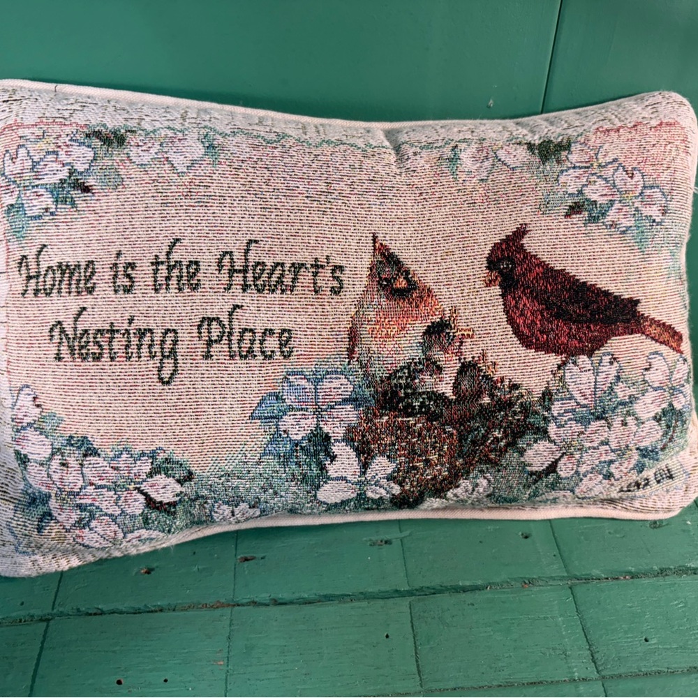 Lena Cream and Red Accent Pillow with Bird Motif